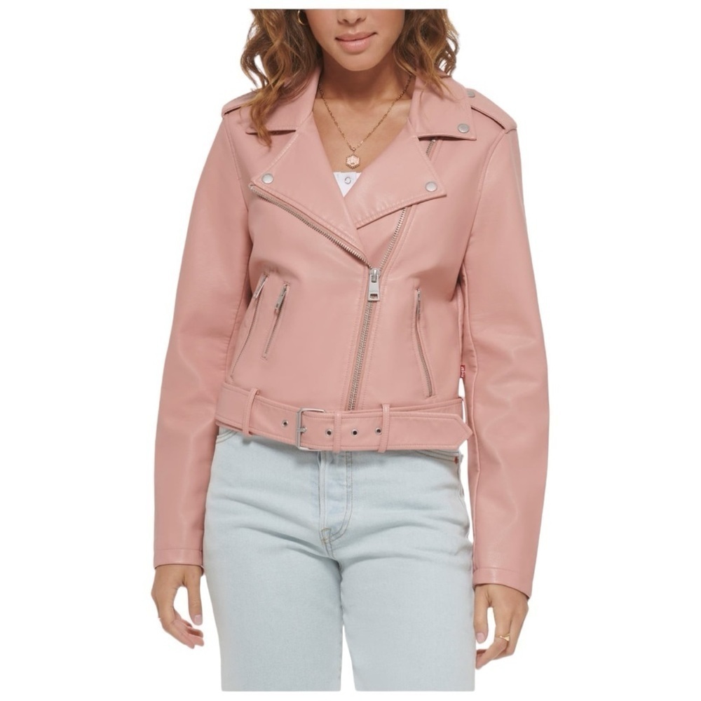 Levi's Faux Leather Fashion Belted Moto Jacket Cameo Pink Size Large NWT